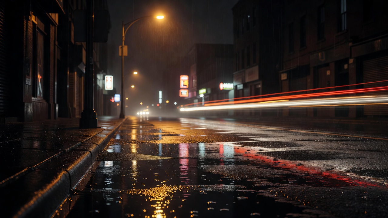 一张HDR雨夜街道照片，路灯和倒影清晰，光线层次丰富